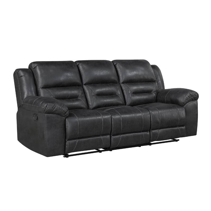 Henry Manual Double Reclining Sofa in Pillow Tufted Black Microfiber