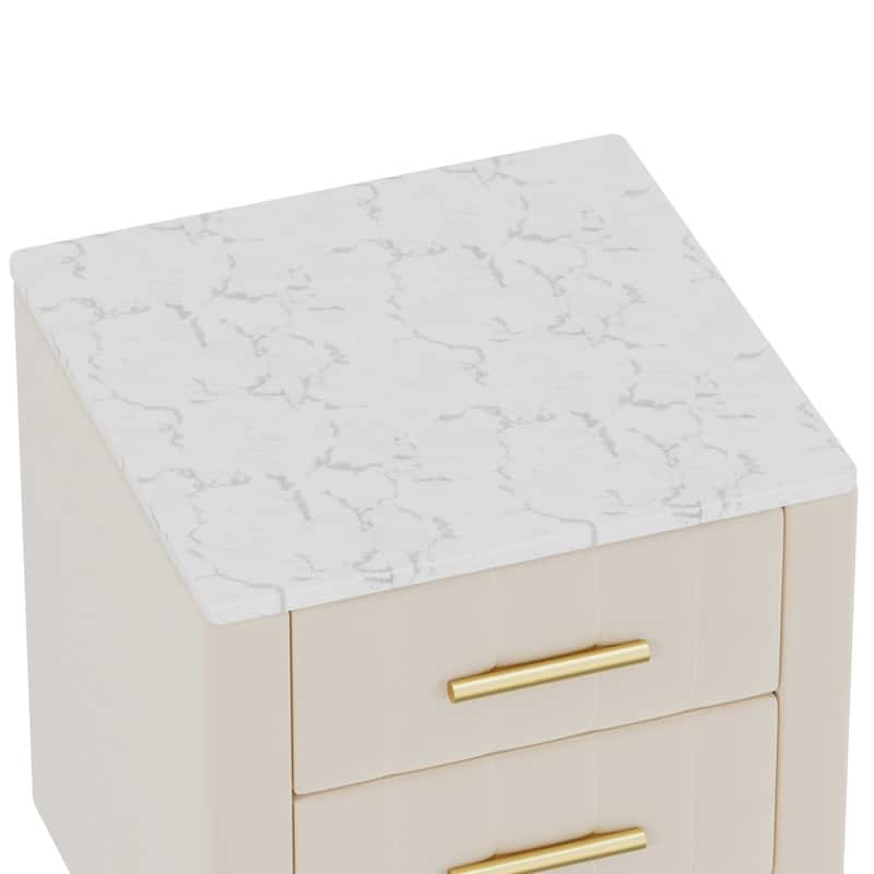Upholstered Wooden Nightstand with 3 Drawers and Metal Legs&Handles, Bedside Table with Marbling Stickers Worktop