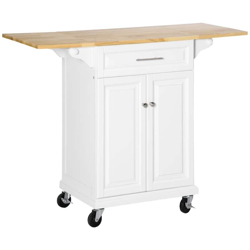 Modern Kitchen Island Drop Leaf Trolley Cart with Wheels 1 Drawer, 1 Door Cabinet and 2 Towel Racks, for Kitchen