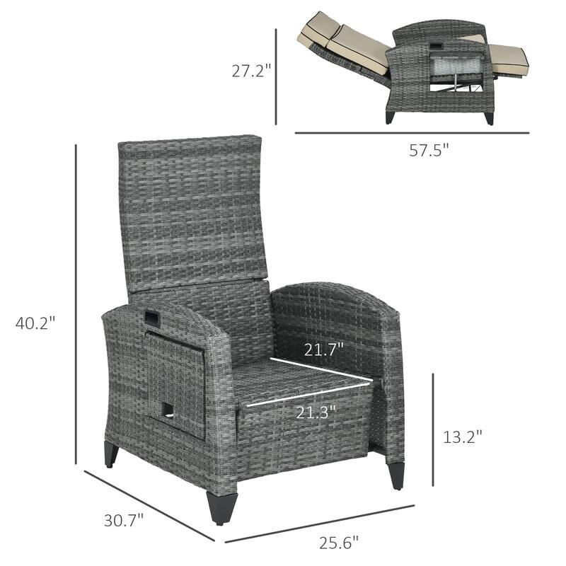 Outsunny Outdoor Recliner Chair with Cushion, PE Wicker Reclining Patio Lounge Chair with Adjustable Footrest