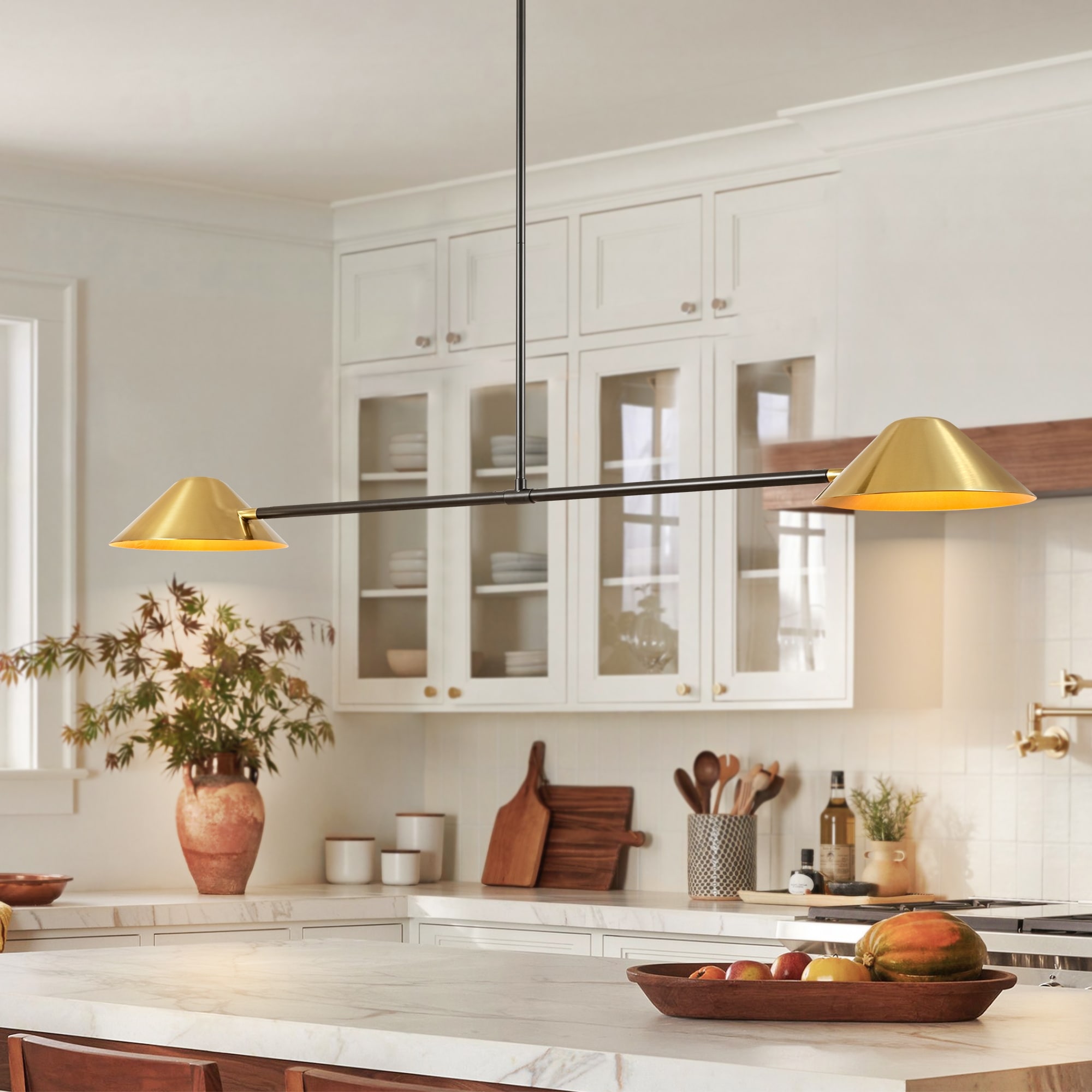 54" 2-Light Industrial Black and Brass Linear Cone Pendant Light for Kitchen Island or Dining Room