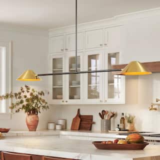 54" 2-Light Industrial Black and Brass Linear Cone Pendant Light for Kitchen Island or Dining Room