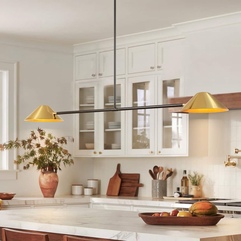 2-Light Industrial Black and Brass Linear Cone Pendant Light - 53.94" L × 3.94" H × 9.84" D