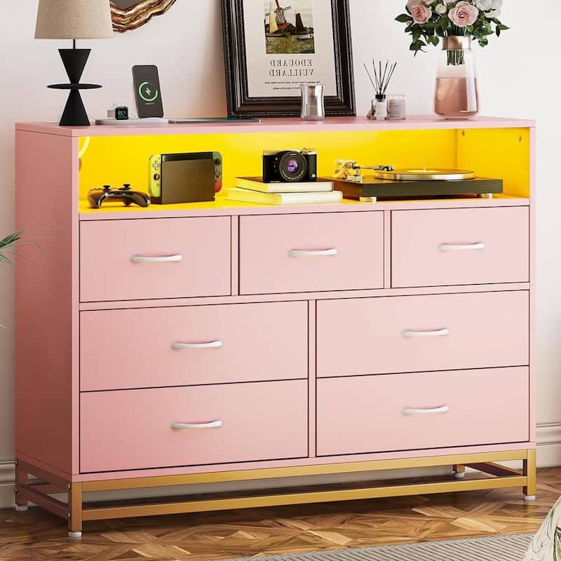 Modern 7 Drawers Dresser with Charging Station and LED Lights - Pink