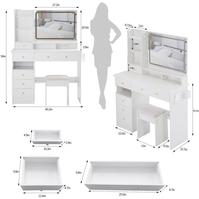 41" Large Size Left Bedside Cabinet Vanity Table + Cushioned Stool Dresser Set, 2 AC+2 USB Power Station, Hair Dryer Stand
