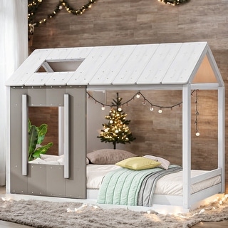 Twin Size House Bed with Roof and Window - White