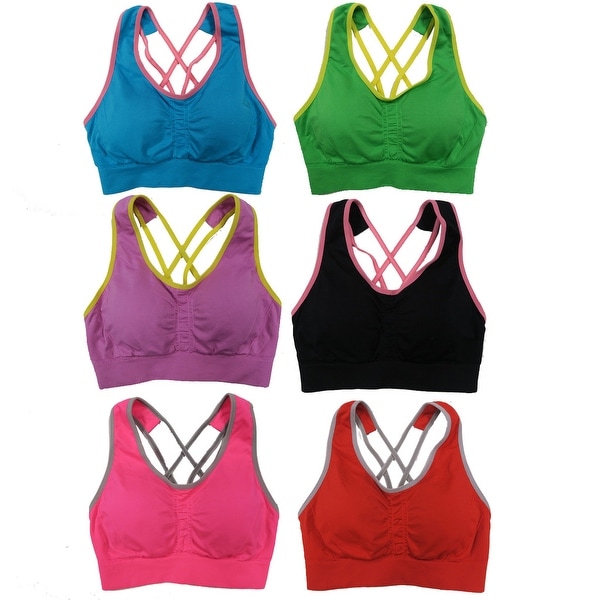 Women's 6 Pack Racerback Double Contrast Color Straps Athletic Sports Yoga Bras