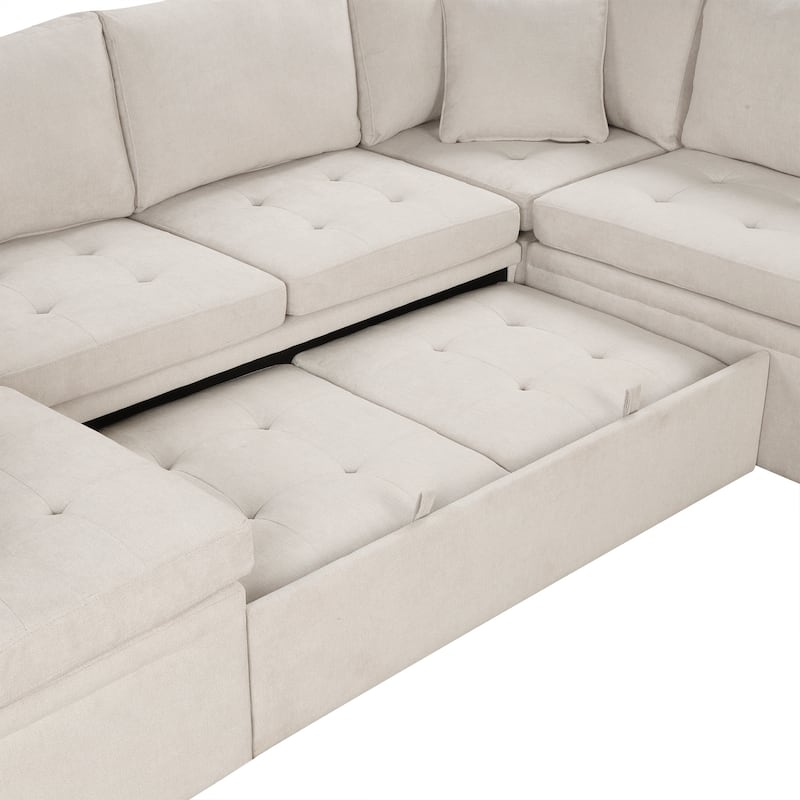 117.3" Chenille U-Shaped Sectional Sofa Bed with 2 Throw Pillows