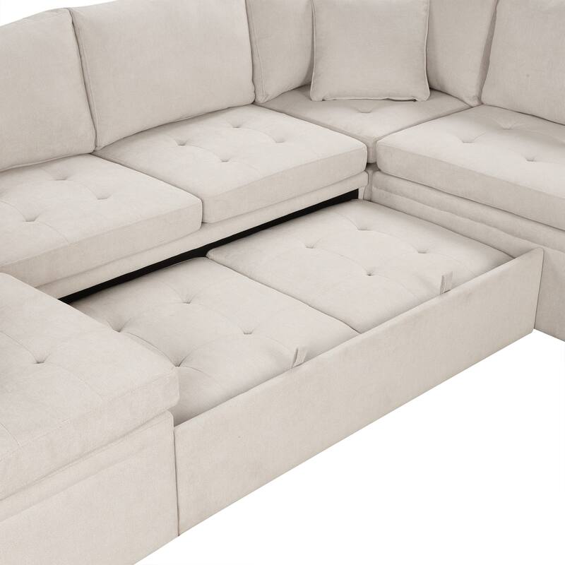Beige 117.3" Oversized Chenille Upholstered U-shaped Convertible Sleeper Sectional Sofa with Pull-out Bed and 2 Throw Pillows