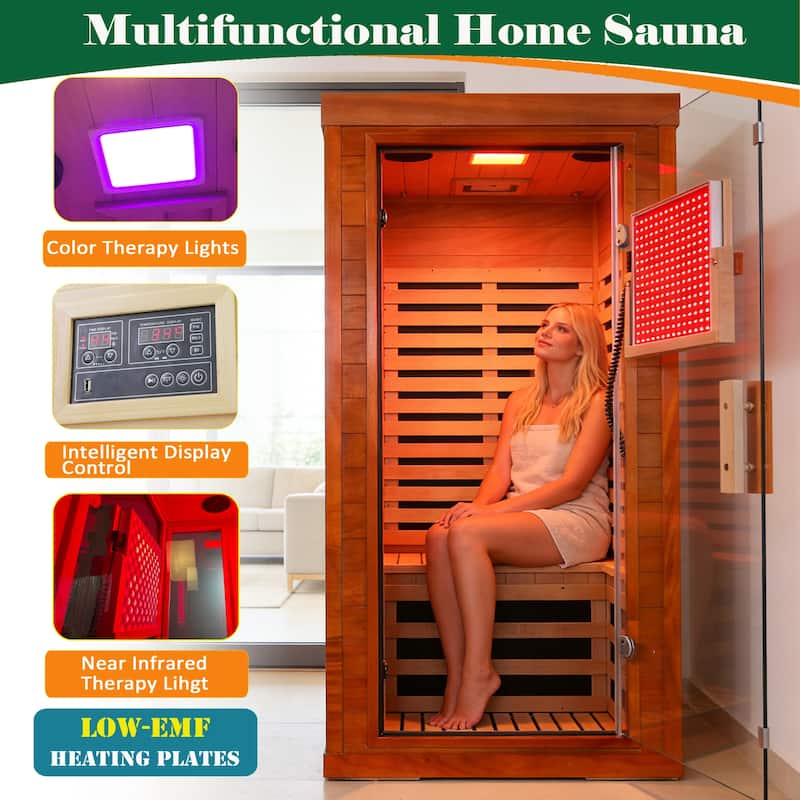 One Person Indoor Low EMF Infrared Sauna Okoume Wood with Bluetooth Red Light Therapy - N/A