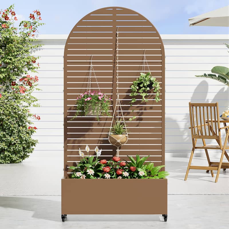 Metal Movable Planter Box with Trellis Privacy Screen Planter Box with Lockable Wheels - 72"x35" - Brown