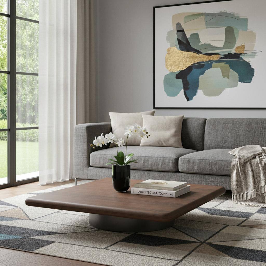 HomeRoots 39" Brown and Silver Wood and Stainless Steel Square Pedestal Coffee Table - 39.00 in. x 7.00 in. x 39.00 in.