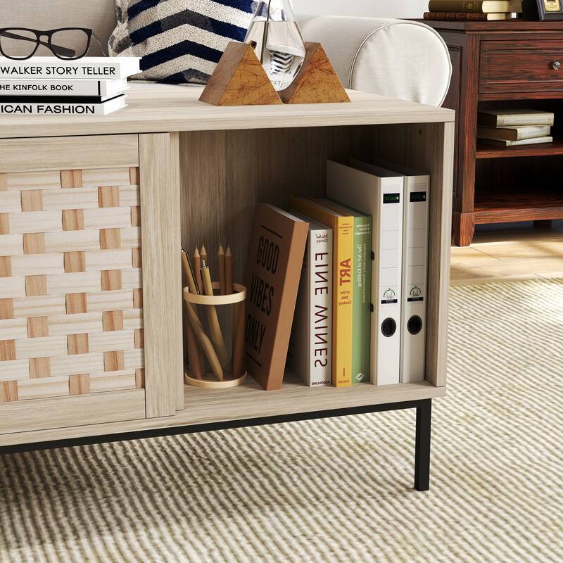 Bohemian-Style Coffee Table with Woven Design, Featuring 4 Sliding Doors and Storage Cabinets, for Living Room