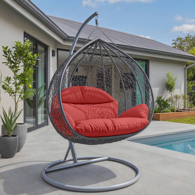 2-Person Egg Swing Chair with Grey Stainless Steel Frame, Cushioned 2-Seater Porch Swing for Outdoor and Indoor Use