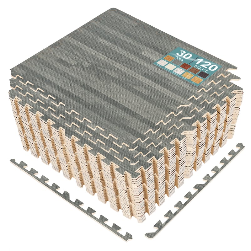 Sorbus 120 Sq. Ft. Wood Grain Floor Tiles Foam Mat EVA Interlocking Mats Tile 3/8-Inch Thick Flooring Wood Puzzle Exercise Mats - Grey