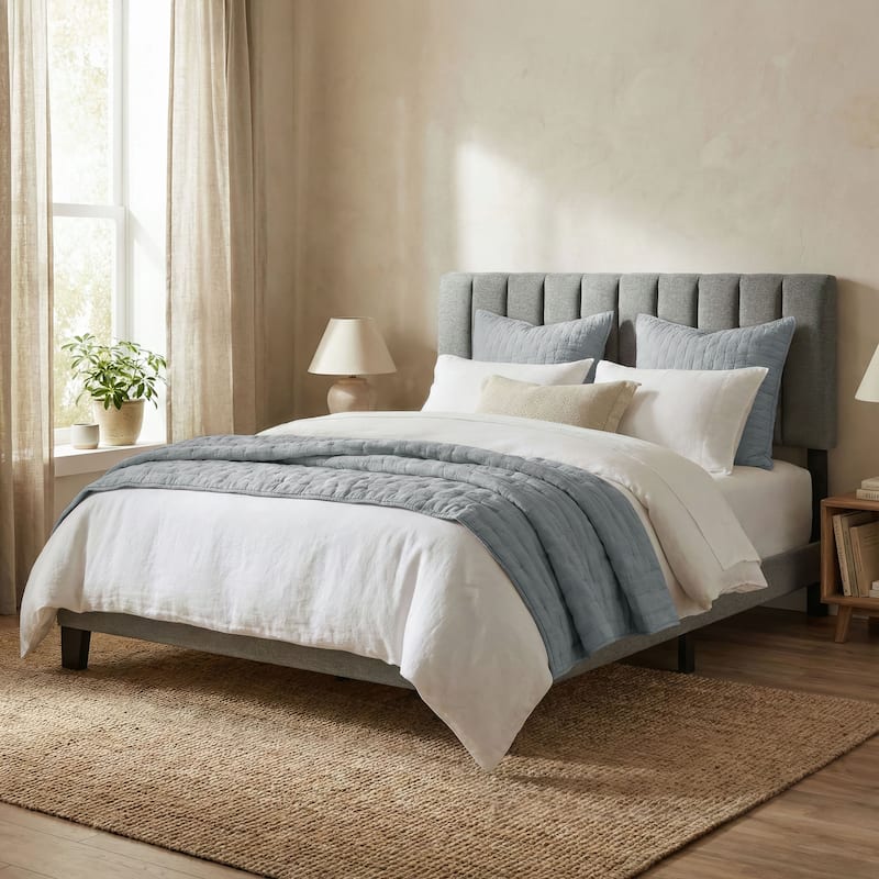 Furniture of America Merro Modern Solid Wood Upholstered Panel Bed with Channeled Headboard - Grey - Queen