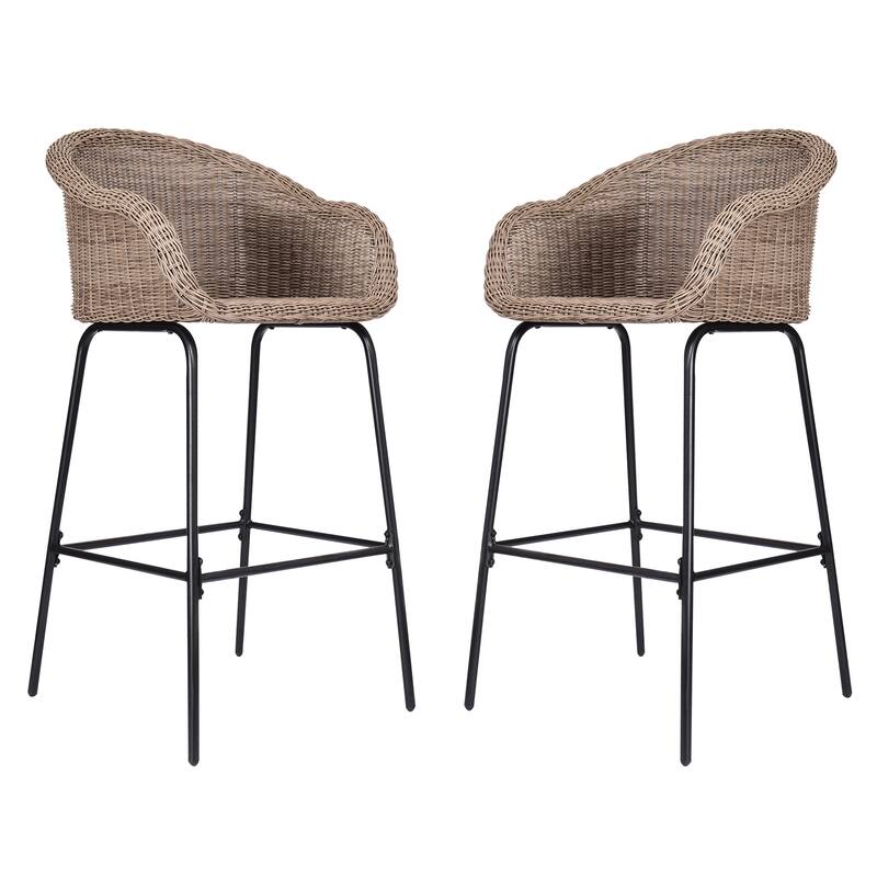 Roomfitters Ladd Outdoor Metal Wicker Barstools with Integrated Footrest, Set of 2
