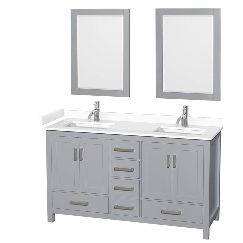 Sheffield Double Bathroom Vanity Set, Cultured Top, 24-Inch Mirrors - 60-Inch Double - Gray, White Cultured Marble Counter