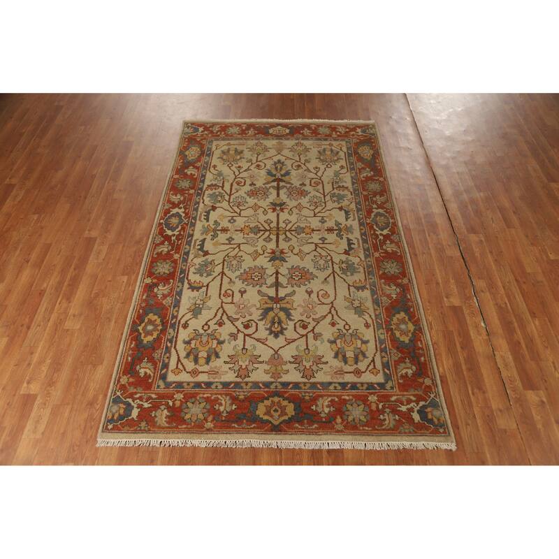 Hand Knotted Oriental 100% Wool Carpet Traditional Floral Beige & Ivories Heriz (serapi) Area Rug - 8' 0'' X 4' 10''