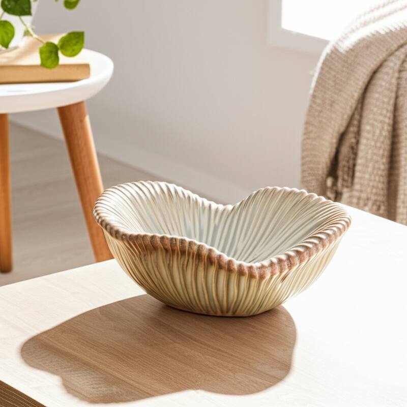Ceramic Bowl Chiseled Textured Design Decorative Home Accent