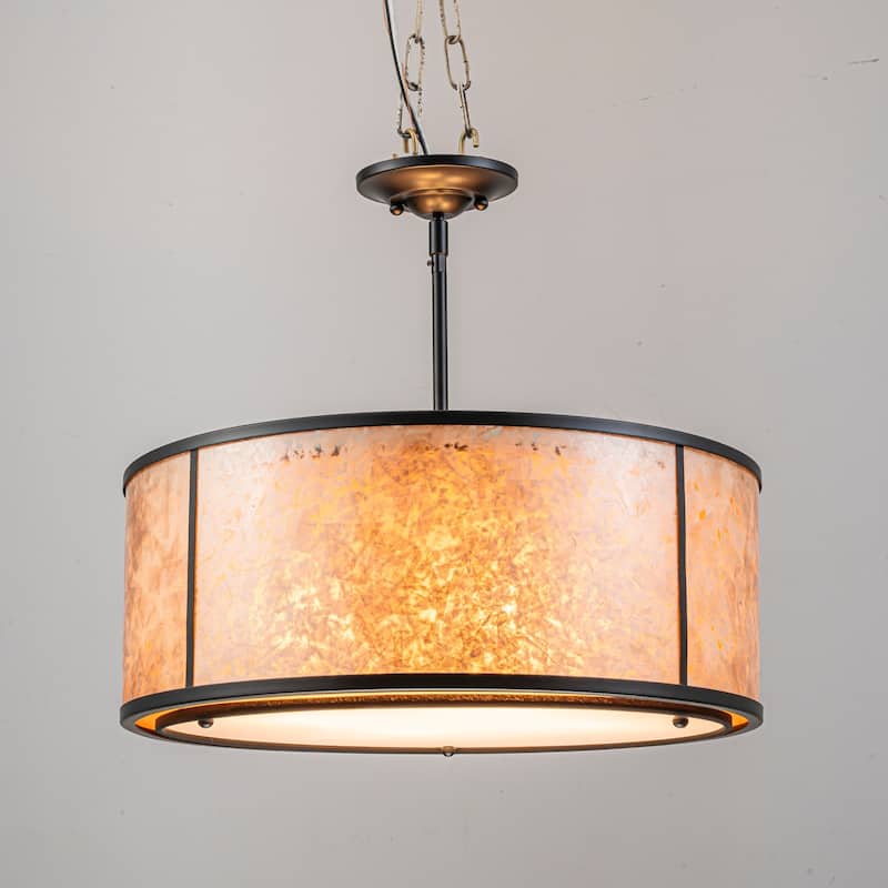 20" W and 8" W Rustic Matte Black Finish Tawny Mica Drum Pendant Light for Living Room & Bedroom
