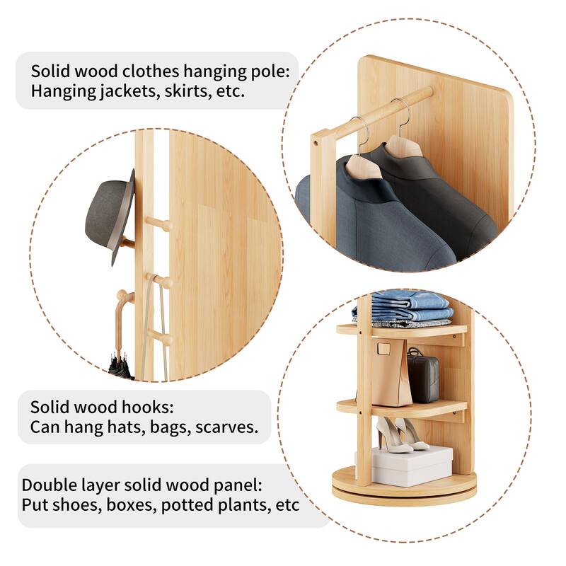 Anmytek Natural Solid Wood 360 Degree Swivel Full Length Mirror with Coat Rack and Storage Hooks 69x16 Inch - Natural Wood