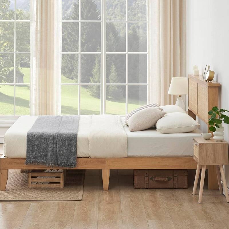 Bed Frame with Rattan Headboard and LED lights