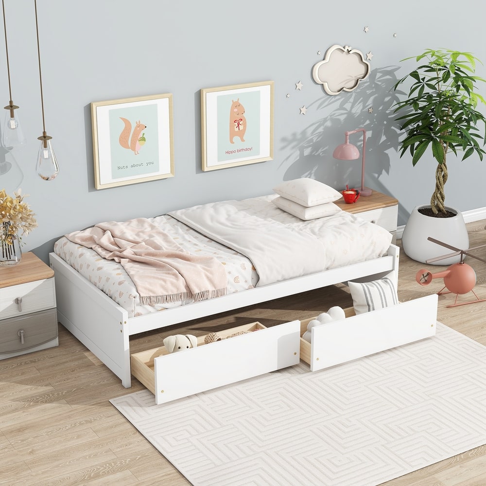 Twin Size Bed with 2 Drawers, Solid Rubber Wood Bed