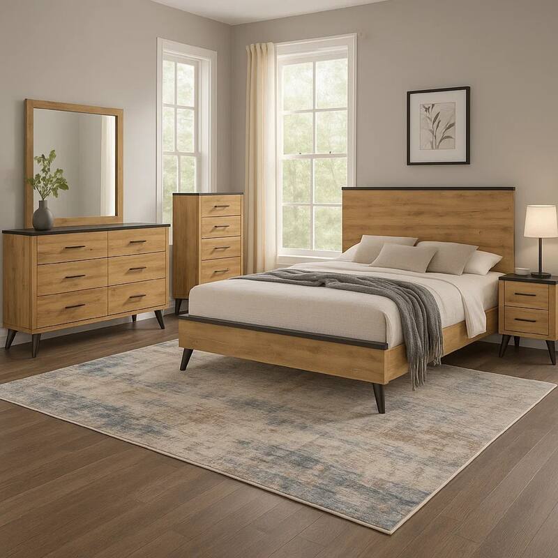 Wemy 5 Piece Queen Size Bed Set, Rustic Brown Pine Wood, Tapered Legs