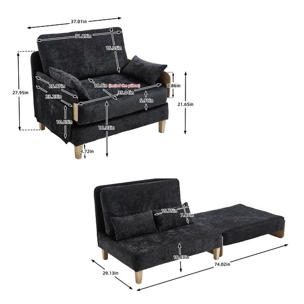 dimension image slide 1 of 5, Chenille Upholstered 3-in-1 Convertible Sleeper Foldable Sofa Bed Recliner Chair with 3 Pillows