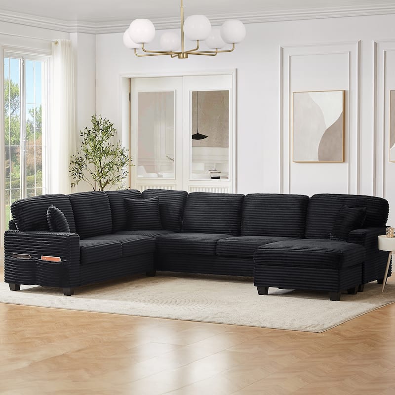 Sectional Sofa U-shaped Sectional 125.2" Upholstered L-shaped Sofa with a Movable Ottoman and Side Storage Pockets