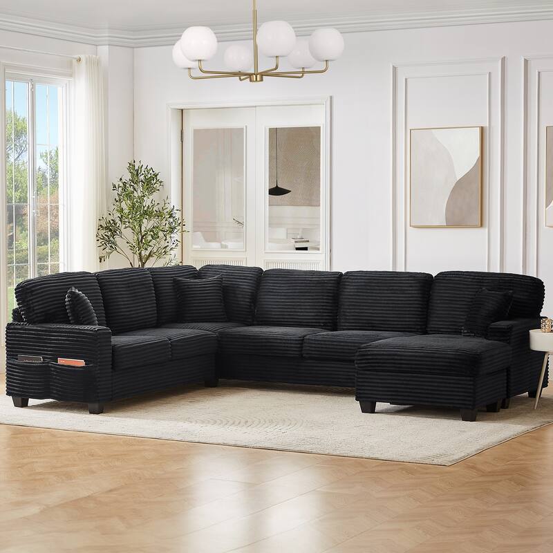 U Shaped Sectional Sofa with 1 Movable Ottoman, Corduroy Upholstered 6 Seater Sofa, Corner Sofa with Storage Pockets