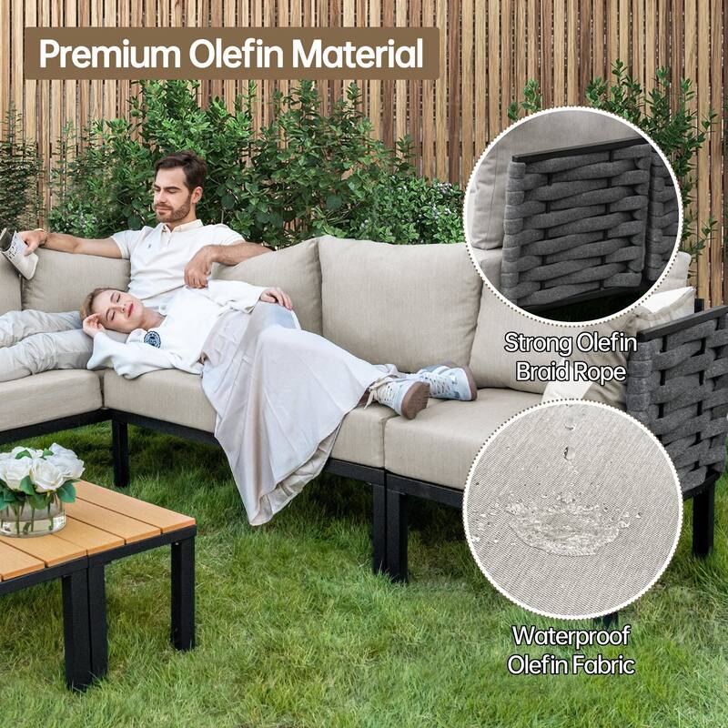 Outdoor Patio Furniture Set, L-Shaped Sectional Sofa with 6" Thick Cushion & Coffee Table for Backyard, Porch
