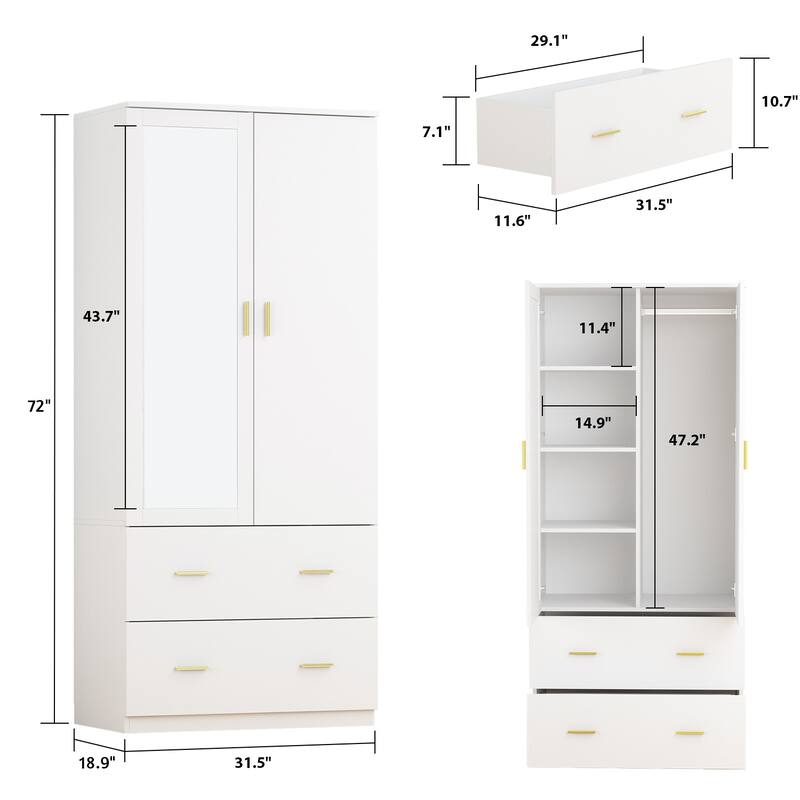 31.5"W x 72"H Two Door Wardrobe With Mirror White/Dark Brown Armoires - 31.5"W x 72"H