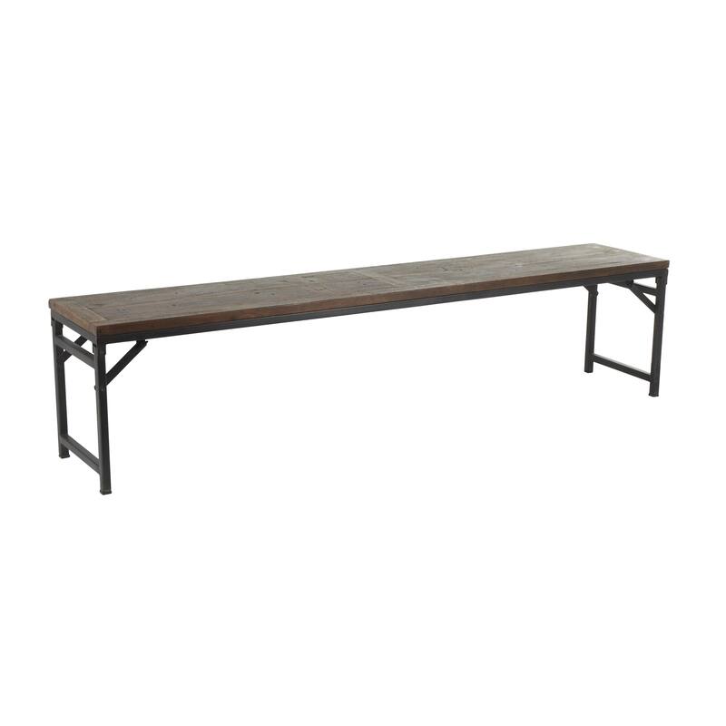 Dark Brown Teak Wood Long Home Bench with Black Metal Legs