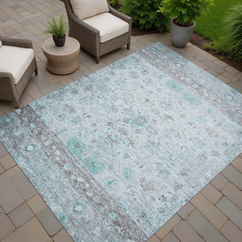 Machine Washable Indoor/ Outdoor Traditional Border Chantille Rug - Teal - 5' x 7'6"