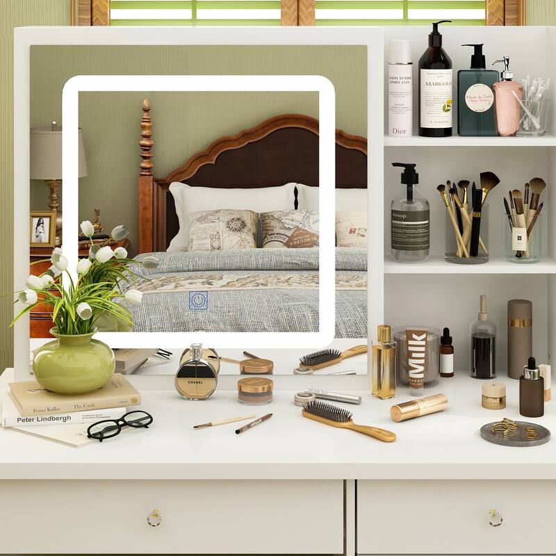 39.4"Wide Makeup Vanity Set with Stool and Touching Light Mirror - 39.4"W