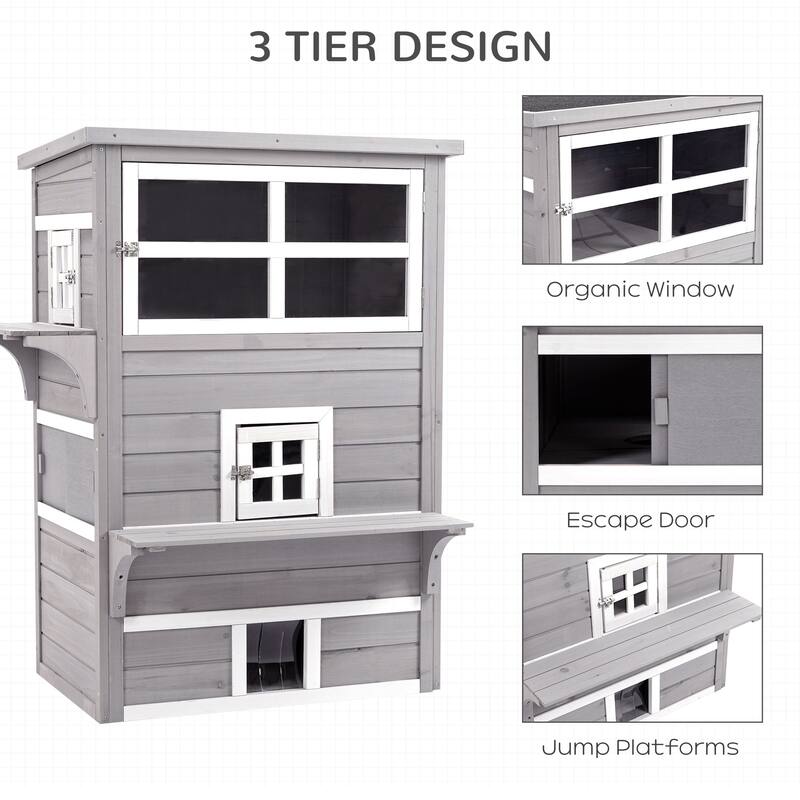 PawHut 3-Story Cat House Feral Cat Shelter, Outdoor Kitten Condo - Grey