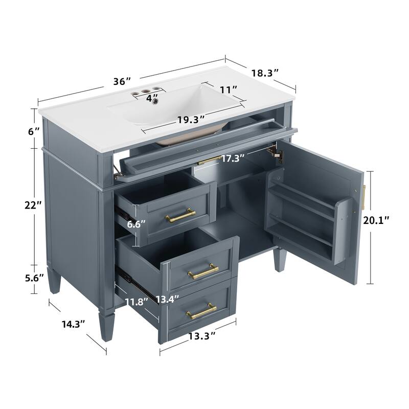 Modern 36" Freestanding Bathroom Vanity Cabinet Wood Frame with Ceramic Sink and Divided Drawers