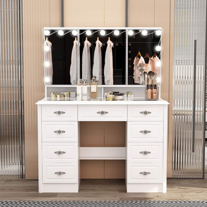 Modern White Makeup Vanity Fold Mirror Adjustable Lighting Dressing - 40.2"x54.1"