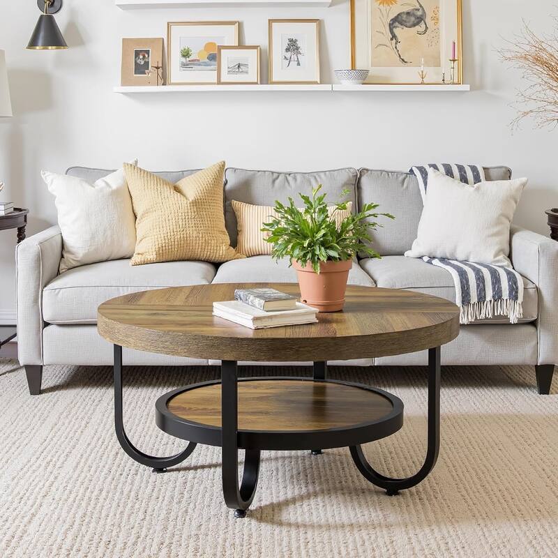 31.1" Brown MDF Industrial Coffee Table, 2-Tier Round Cocktail Tea Table with Metal Legs for Living Room, Receptionist Room