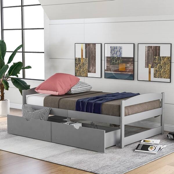 slide 2 of 18, Exquisite and Simple Design Wood Platform Bed with Two Drawers, Space-saving,Safety Guaranteed, Grey Grey