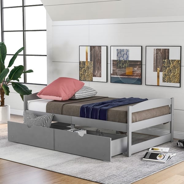 slide 2 of 18, Twin Size Platform Bed with Two Storage Drawers for Space,Saving and Practical Grey
