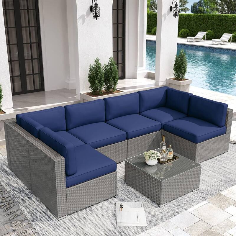 7 Piece Outdoor Patio Furniture Set Grey/Black Wicker Conversation Sectional Sofa Set with Coffee Table and Cushions - Grey/Dark Blue