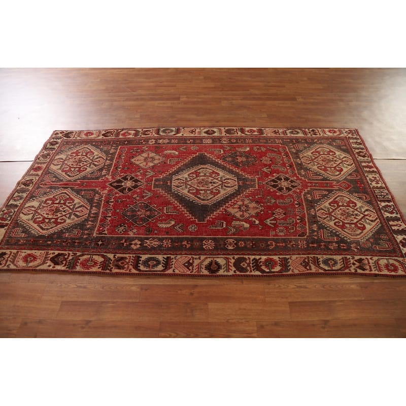Red Shiraz Persian Antique Area Rug Handmade Wool Carpet - 3'11"x 7'6"