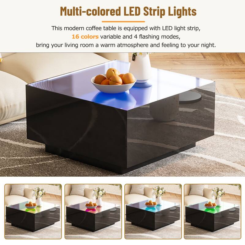 Modern Style Living Room Table with LED Lights - Black