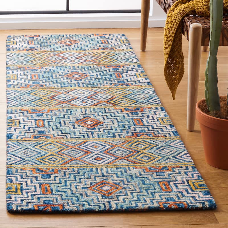 SAFAVIEH Handmade Aspen Licia Bohemian & Eclectic Tribal Wool - 2' 3" x 13' - Blue/Gold