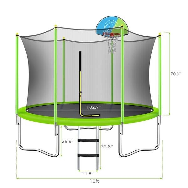 Fun 10FT Trampoline with Enclosure Basketball Hoop And Ladder for Easy Access