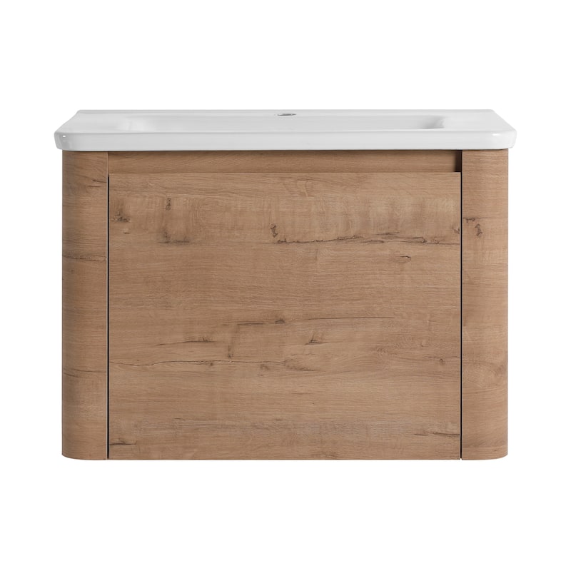 28'' Wall-Mounted Bathroom Vanity with White Ceramic Sink & 1-Soft-Close Door, KD-Packing, Plywood
