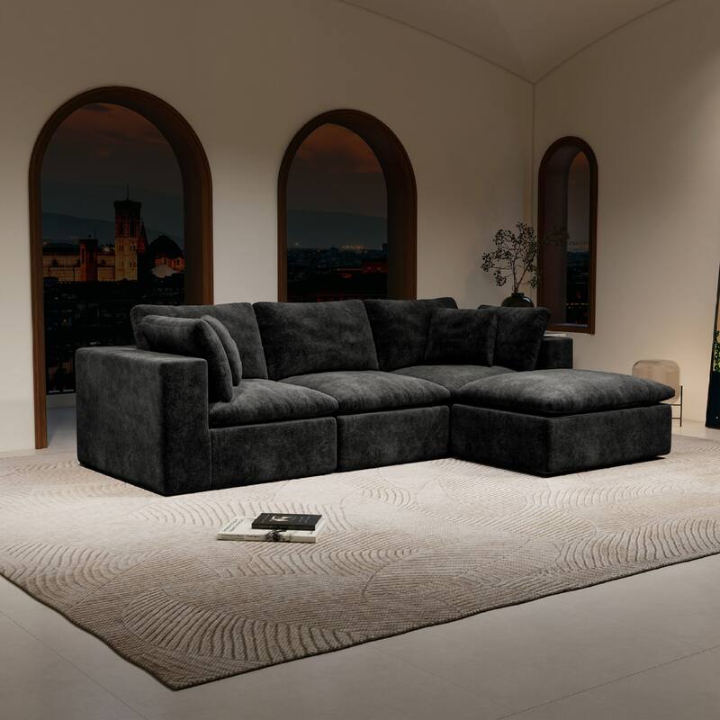 Roomfitters 108.3" Modular Sectional Sofa, 4-Piece Compressed Cloud Couch, No Assembly Required, Plush Corduroy, Black